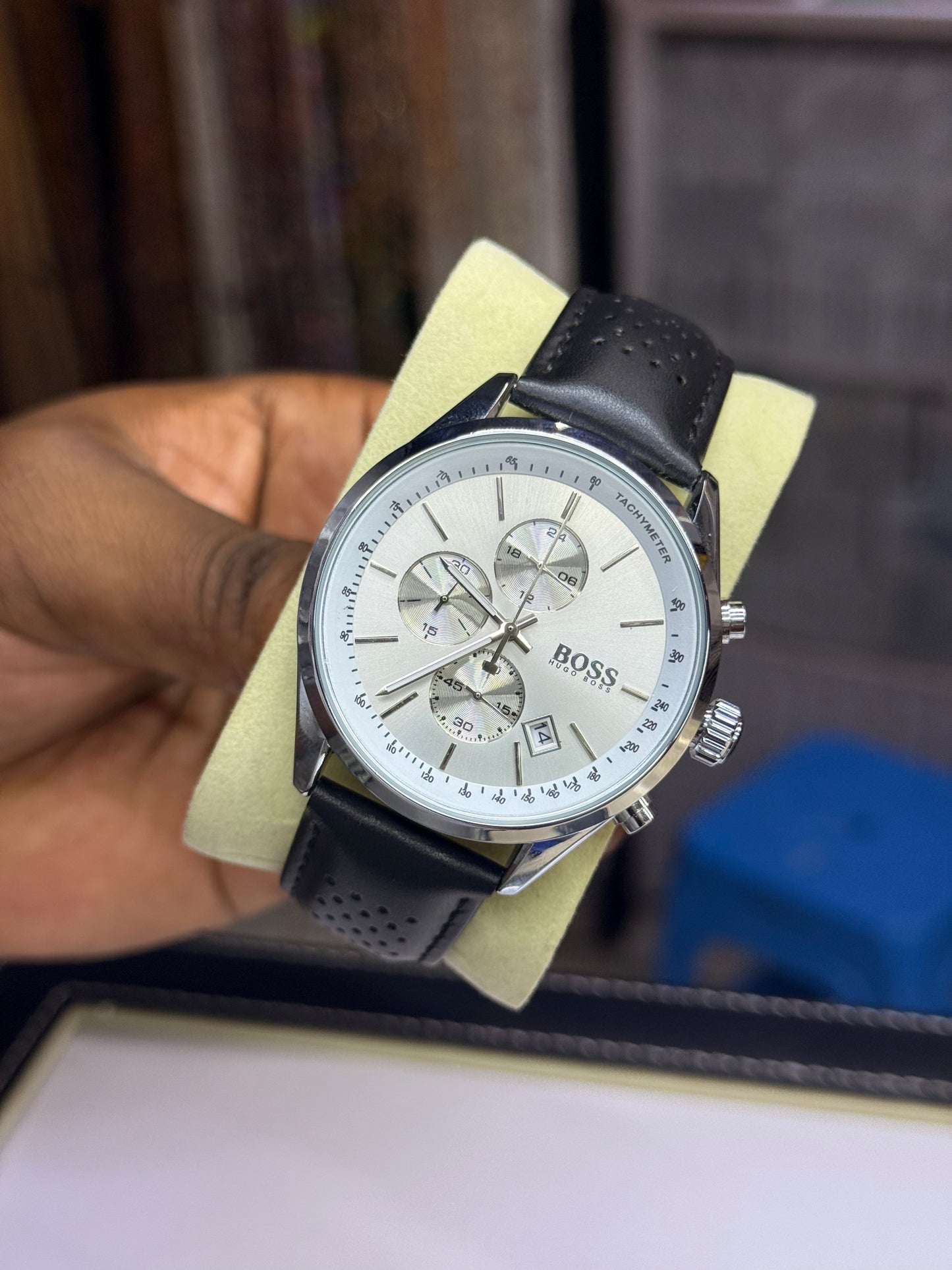 Hugo boss leather strap men watch