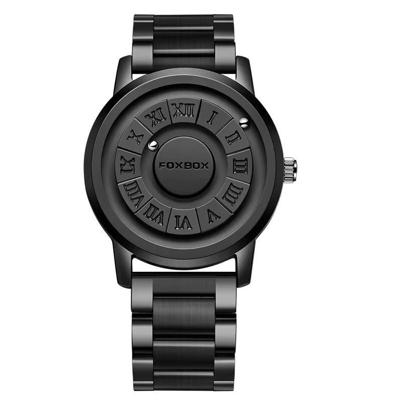 Creative Scrolling Stylish Black Dial Rotating Magnetic Bead Watch Roman Numerals Unique Men Wristwatch Black Steel