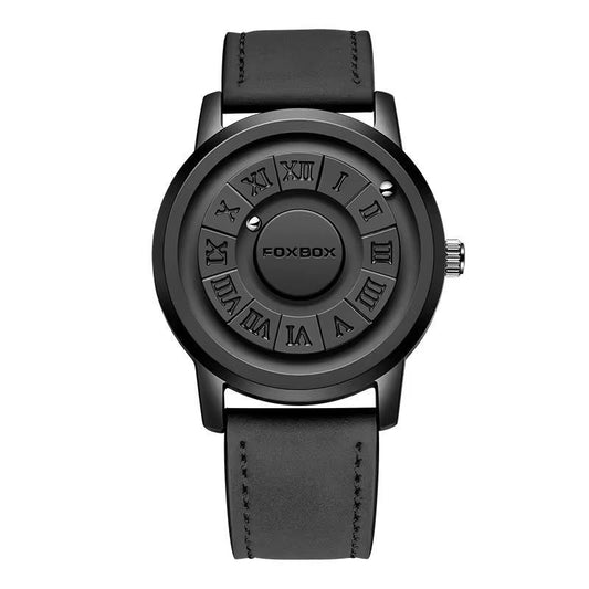 Creative Scrolling Stylish Black Dial Rotating Magnetic Bead Watch Roman Numerals Unique Men Wristwatch Black Steel