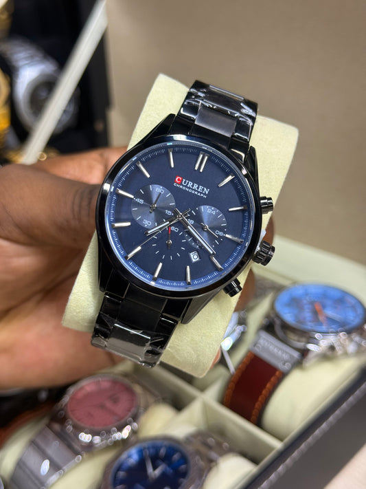 CURREN 8446 Men's Luxury Black Stainless Steel Chronograph Watch with Blue Dial, Date, and Luminous Hands - Waterproof Quartz Gents Timepiece