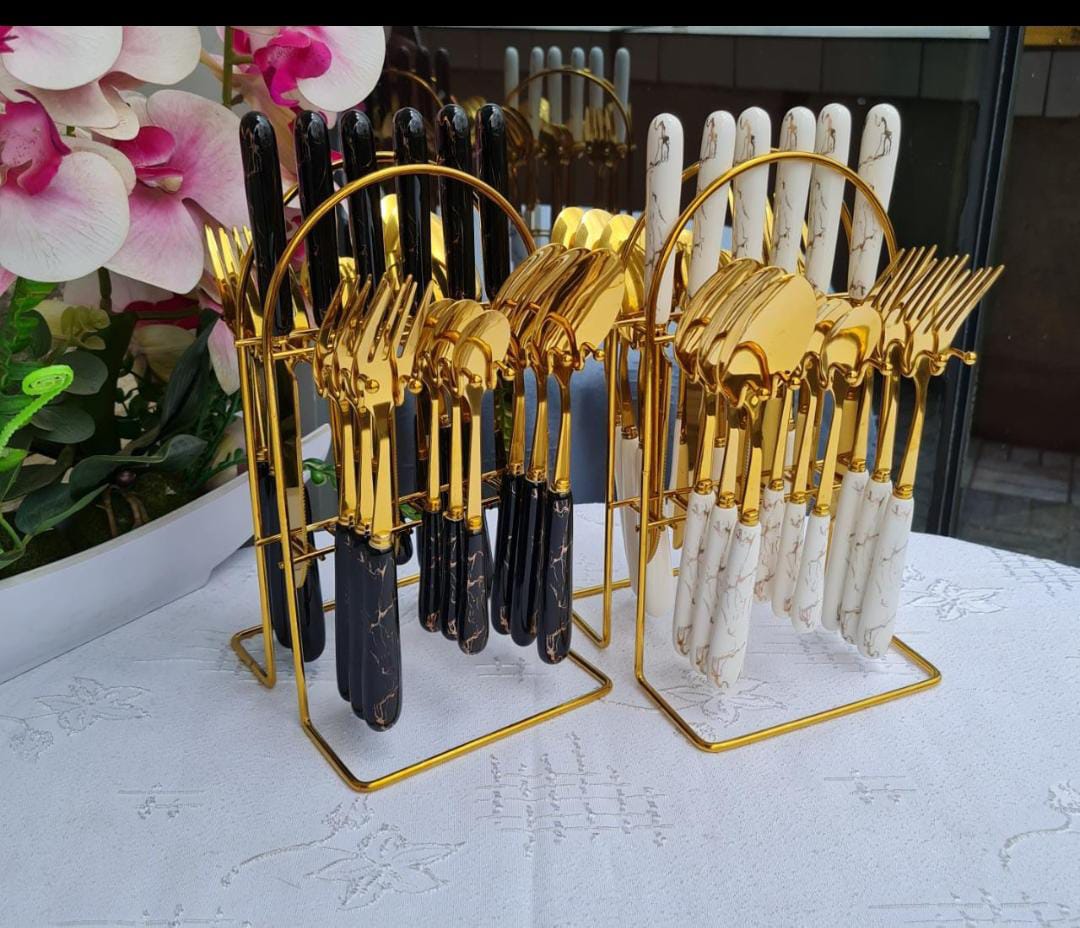 24 pcs gold Marble cutlery